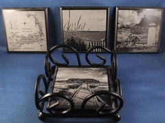 Black Marble Coaster Set With Black Metal Holder